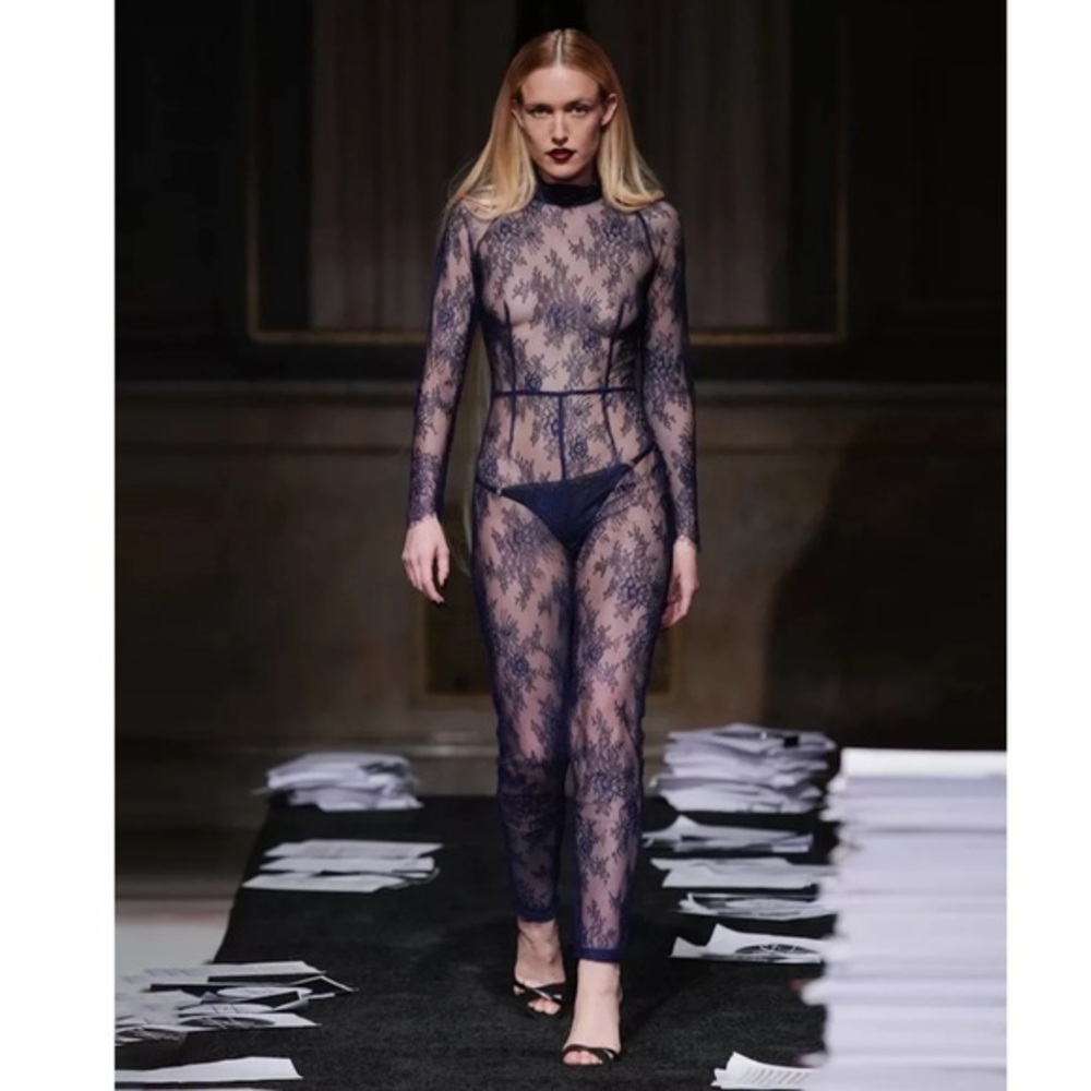 Kim Shui Bodysuit Sapphire Lace Long Sleeve High Neck in Blue